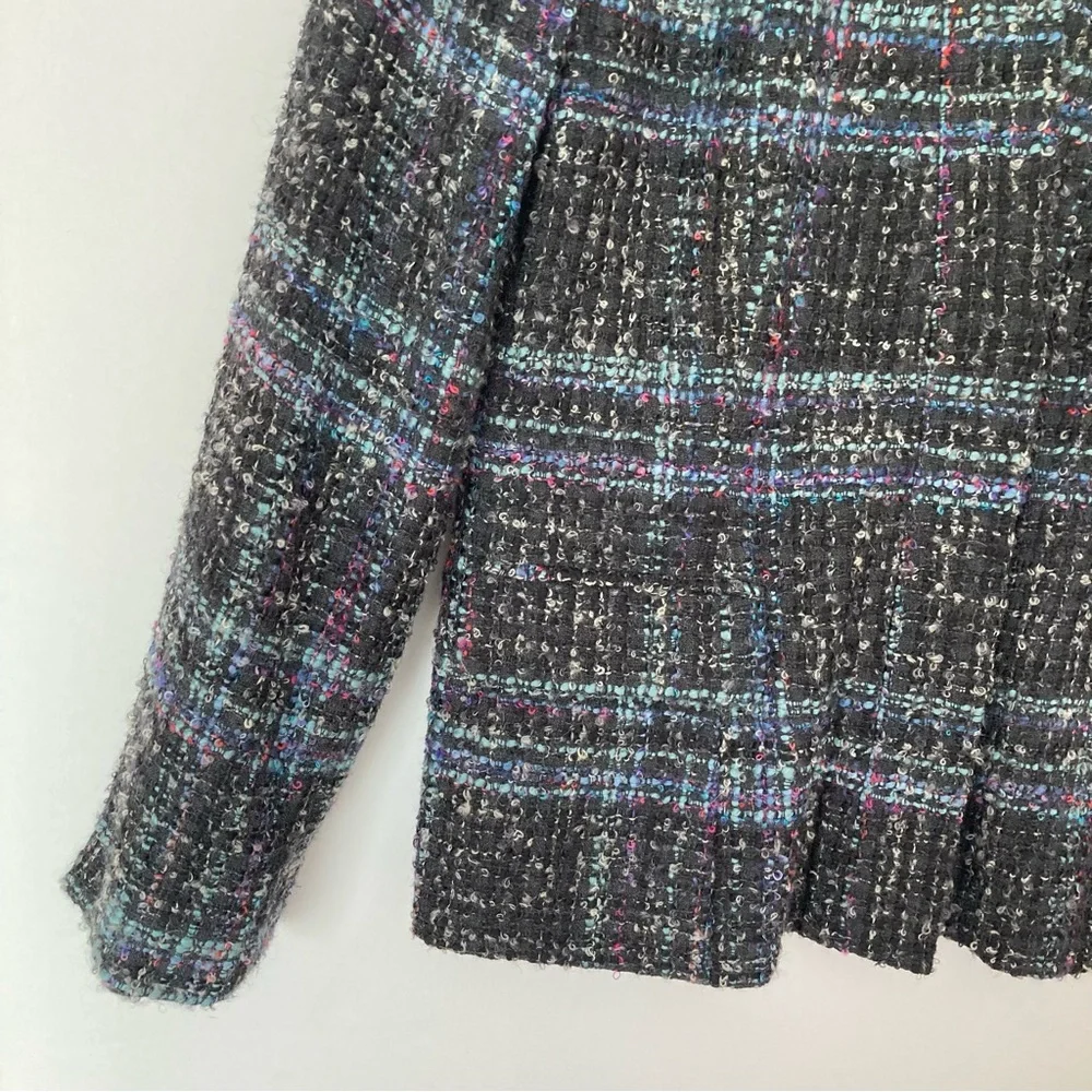 Jones New York Plaid Wool Blend Collarless Jacket Blazer Blue Black 8P